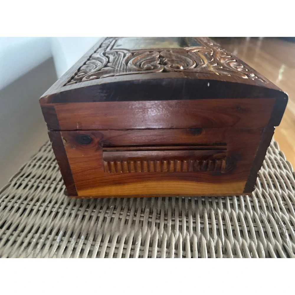 Vintage Hand Carved Cedar Wood Jewelry Box etched Mirror Windmill Footed 50s